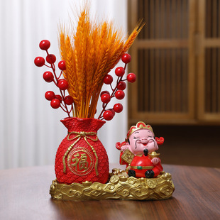 Fortune-Attracting God of Wealth Front Desk Ornament with Golden Wheat Ears and Blessing Character, Fortune Bag, Desktop Decoration for Living Room Tv Cabinet