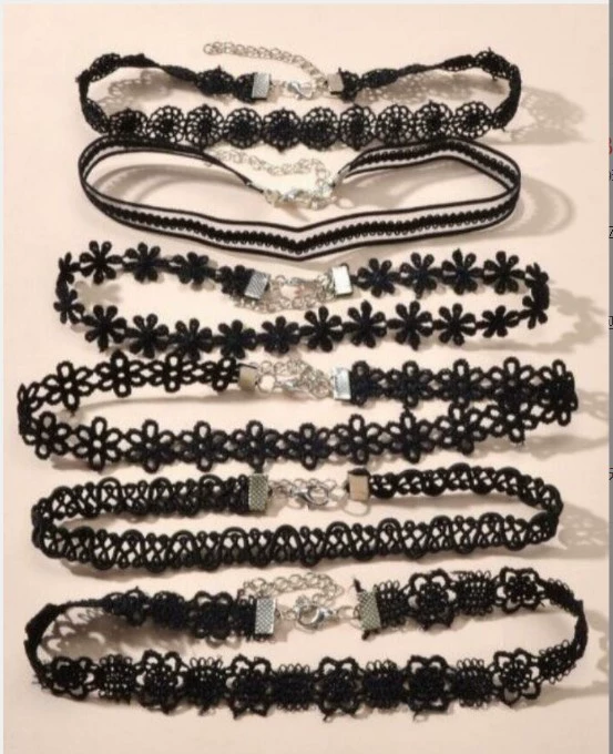 Комплект chokers ожерелья, готический европейский стиль, черное кружева, 6 штук регулируемых чокеров