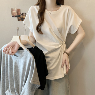 Real Shot~Plus Size Summer Design Round Neck Pullover Short-Sleeved Twisted Pleated Slimming Look Short-Sleeved T-Shirt Top for Women