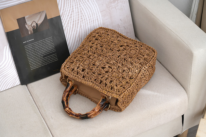 Strohtasche Mit Bambusgriff Und Blumen-applikation Für Damen_voghion.com
