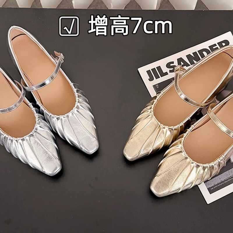 Genuine Leather ~ 7cm Hidden Height Increase Mary Jane Shoes for Petite Women, Chunky Heel, Comfortable, Suitable for Skirts, Silver Color, Office Work Shoes Genuine Leather ~ 7cm Hidden Height Increase Mary Jane Shoes for Petite Women, Chunky Heel, Comfortable, Suitable for Skirts, Silver Color, Office Work Shoes
