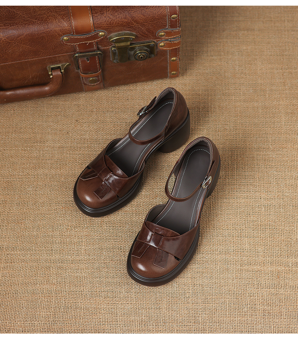 Sandal cao gót nữ mũi hở quai ngang gót vuông 7 cm — màu nâu chi tiết 16