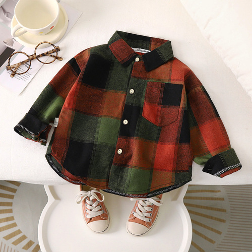 Autumn children's grid coat for boys and girls, baby vest top for middle children, stylish casual long-sleeved shirt
