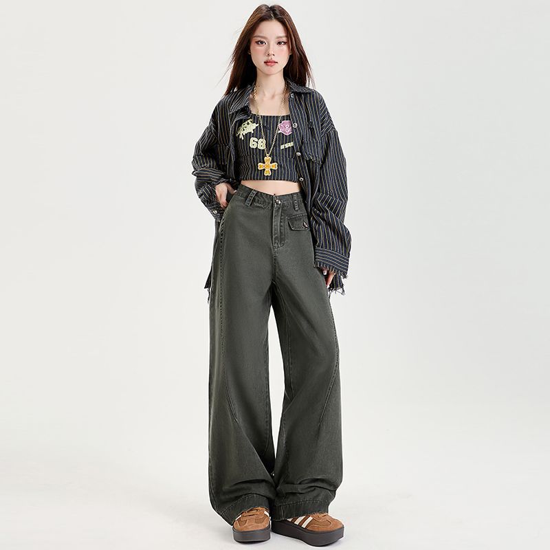 American loose slim splicing design wide-leg floor trousers grey women's jeans new