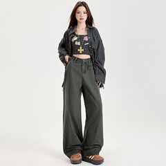 American loose slim splicing design wide-leg floor trousers grey women's jeans new