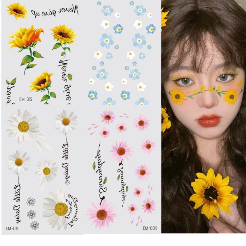 Sunflower Daisy Face Decal Tattoo Sticker Mori Leaves Petals Dried Flowers Corner of Eye Clavicle Watermark Sticker