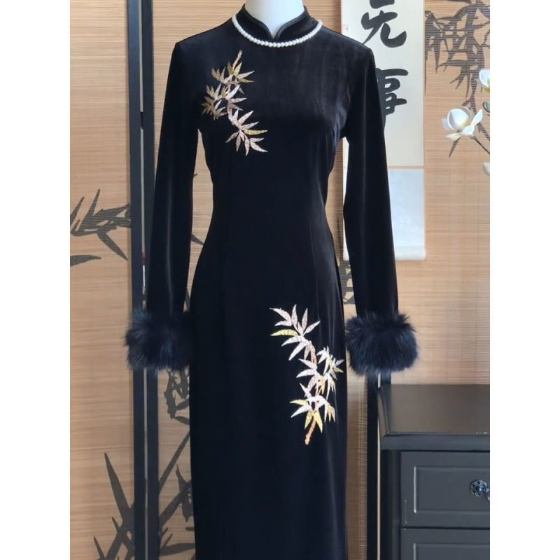 中国风加绒加厚改良旗袍少女年轻款秋冬装优雅气质保暖连衣裙日常|undefined