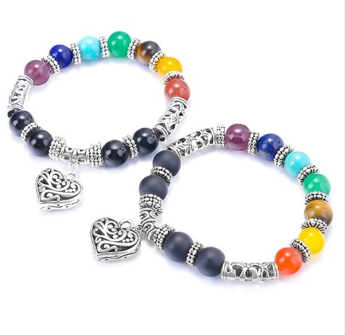 2pcs yoga meditation bracelets for unisex Colorful Yoga Energy Tiger Eye Stone Beaded Men's Peach Heart Pendant praying Braceletd