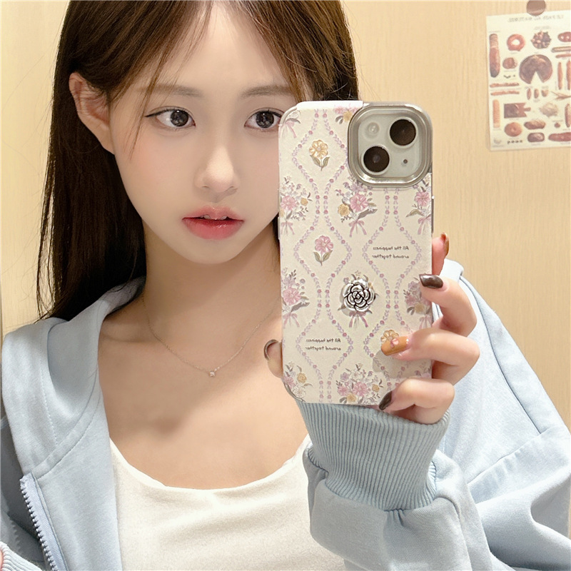 Estilo coreano ins Rosa floral inglés iPhone14 Camelia 15ProMax para Apple 13 teléfono caso 12P