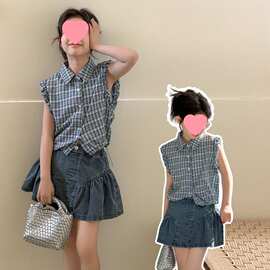 女童套装夏季2026新款儿童裙子夏装格子衬衫中大童牛仔半身裙套装