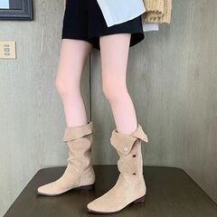 Grape Mama Hot Girl Collar Folded Stacked Boot Heel Mid-Calf Western Cowboy Boots for Women Autumn/Winter ~ Knight Boots