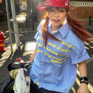 美式复古字母印花蓝白格纹短袖衬衫宽松休闲男女情侣衬衣翻领