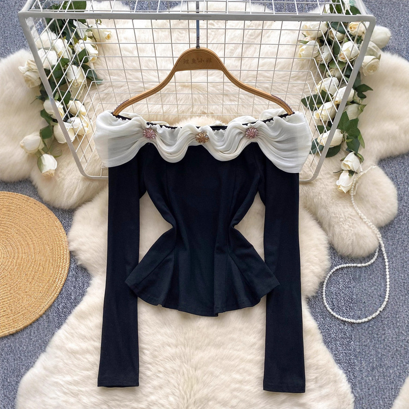 Carefully Selected Light Luxury High-End One-Shoulder Long-Sleeved Shirt for Women in Autumn, Slimming Design, Beautiful and Unique Carefully Selected Light Luxury High-End One-Shoulder Long-Sleeved Shirt for Women in Autumn, Slimming Design, Beautiful and Unique