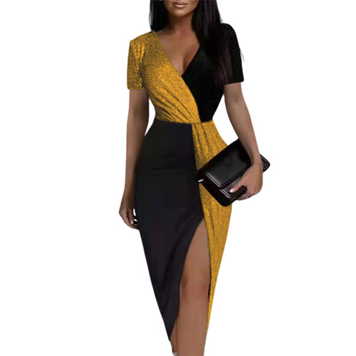 Shiny Contrast Ethnic Style High-Waisted Solid Color Elegant Commute Medium-Length Dress with Short Sleeve and Waist Cinching Dress