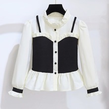 童装女童假两件拼接衬衫春秋款儿童小香风长袖宝宝洋气荷叶边上衣