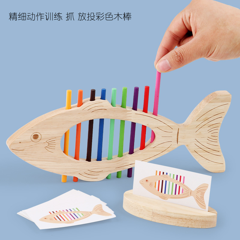 Educación temprana de madera, juego de combinación de colores de peces pequeños, juguetes de entrenamiento cognitivo para niños, interacción entre padres e hijos, juguetes de iluminación para bebés