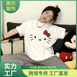 跨境热销卡通图片女生小猫耳朵凯蒂夏天短袖可爱T恤