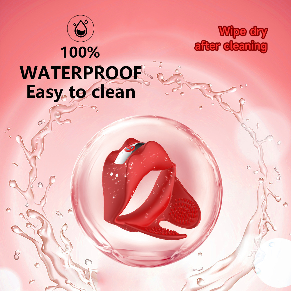Red Lip Vibrating Lock Ring Silicone Cock Ring with Prostate and Testicle Vibration — detail image 4