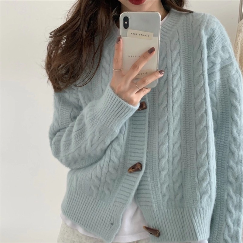 Japanese style horn buckle short twist sweater for women autumn and winter New knitted cardigan coat round neck solid color sweater for women