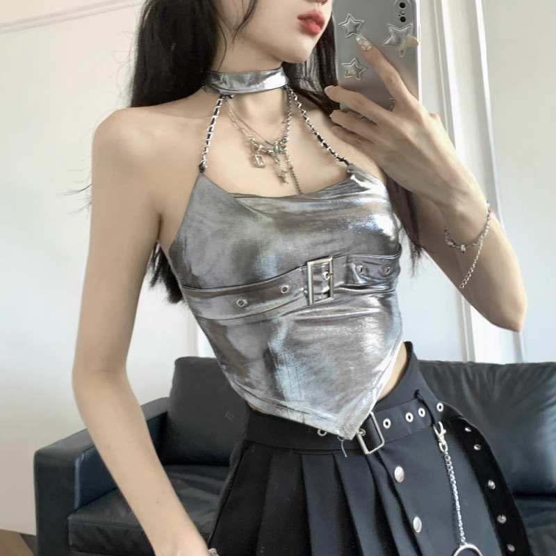 2023 Summer High-end Sense Pure Desire silver V-shaped Waist Spice Girls Halter Camisole Women's Sexy Strapless Sexy Vest 2023 Summer High-end Sense Pure Desire silver V-shaped Waist Spice Girls Halter Camisole Women's Sexy Strapless Sexy Vest
