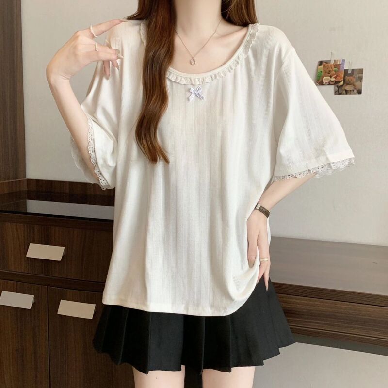 Korean Style Age-Reducing Lace-Trimmed Bow Shirt for Women, Summer New Plus-Size Slimming Stylish Versatile Loose Top