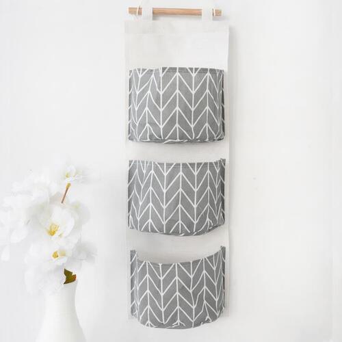 Ins-style door-mounted wall storage pockets, three pockets storage bag, storage box, cotton linen storage wall-mounted hanging organizer