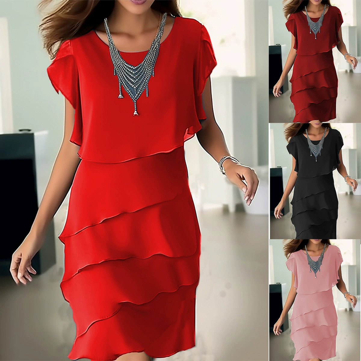 Amazon шифоновая рубашка платье женский 2025 трансграничный новый европейский и американский женский свободный торт юбка с короткими рукавами