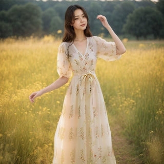 法式森系黄色碎花泡泡袖连衣裙女2025夏季新款时尚甜美龄茶歇裙女