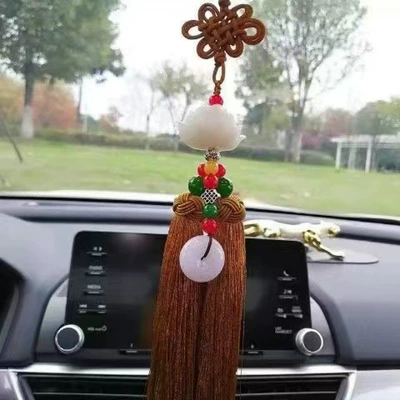 Car hanging, lotus car rearview mirror pendant - white-lotus-car-hanger-earthy-yellow-tassel