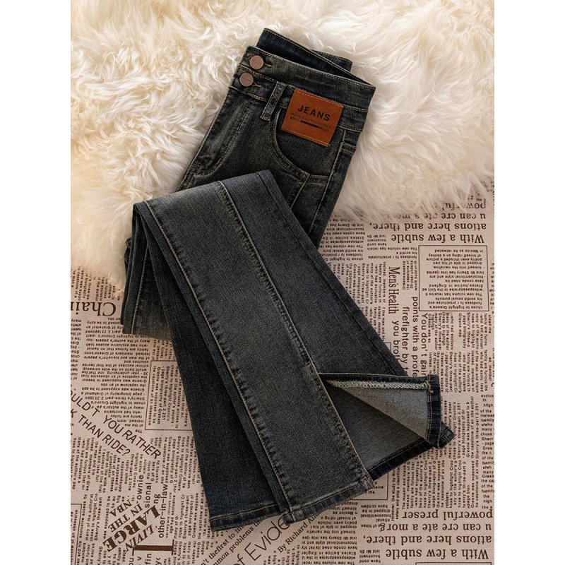 (2개) 분할 마이크로 청바지 여성의 가을과 겨울 기모 높은 허리 슬림 레트로 시멘트 회색 경적 바지 2024 새로운