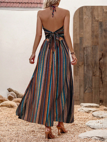 European and American Spring and Summer Striped Print Maxi Shoulder Strap Dress Women Chiffon Fashion Sexy