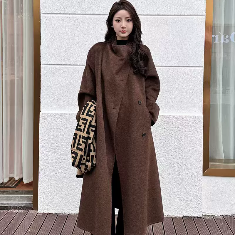 2025秋冬翻领新款韩系高级感长羊毛呢子外套女加长款羊绒大衣现货