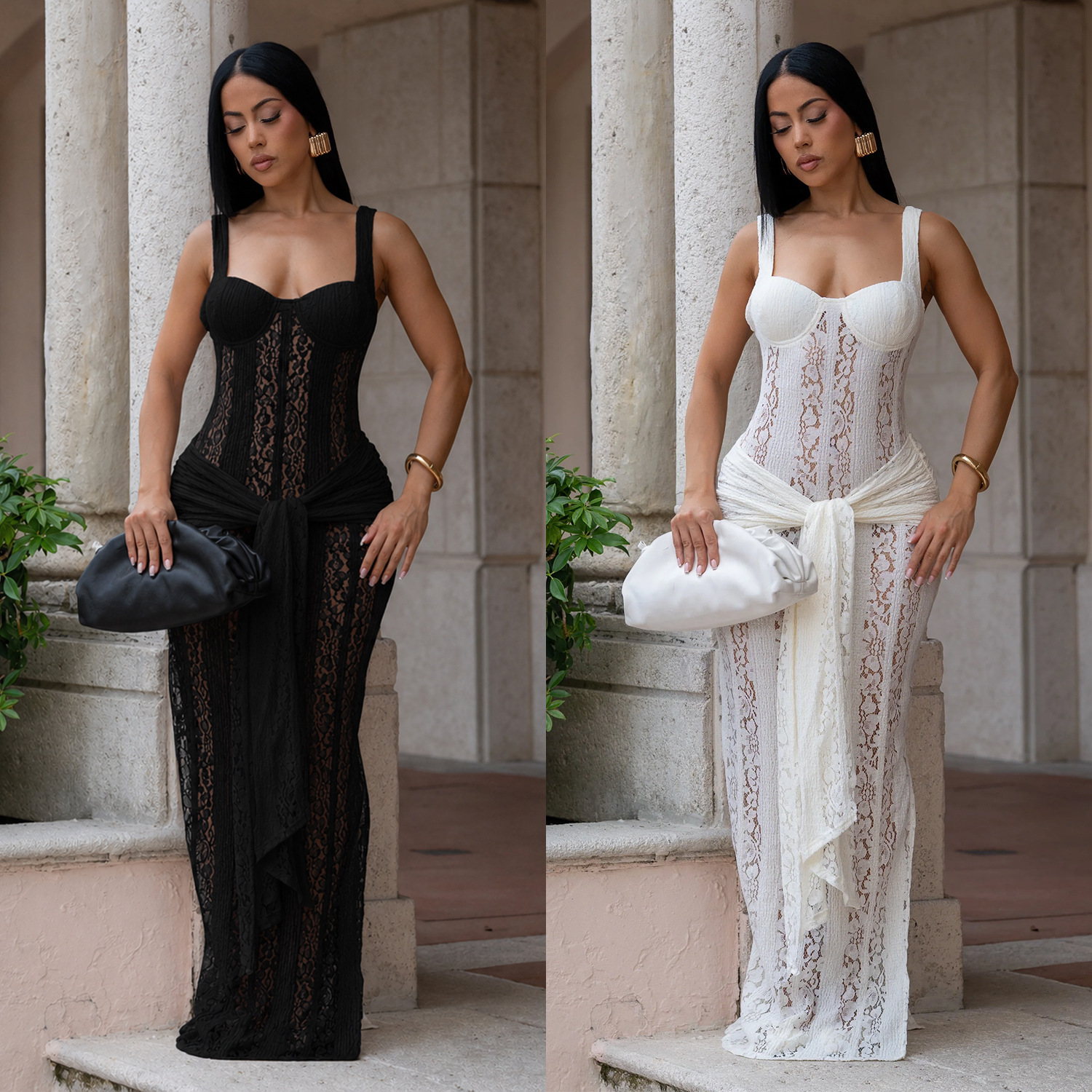 C7705 cross-border AliExpress amazon Europa y América moda mujer perspectiva sexy cordón de hombro vestido de cadera