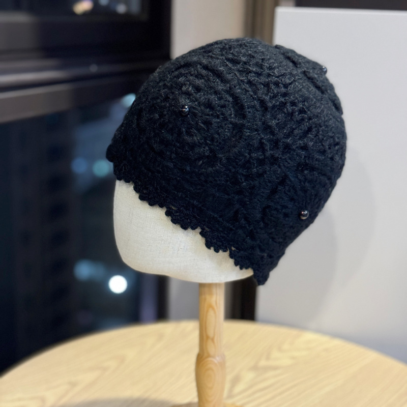 新款秋冬加厚手工双层钩花针织帽女保暖毛线帽气质民族风包头帽子|undefined