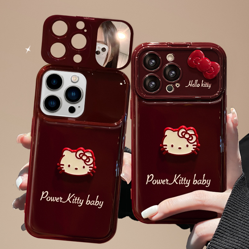 Bowknot Cat Doll Lanyard for Apple 16PRO Large Window Phone Case wine red 15 Soft Silicone 14