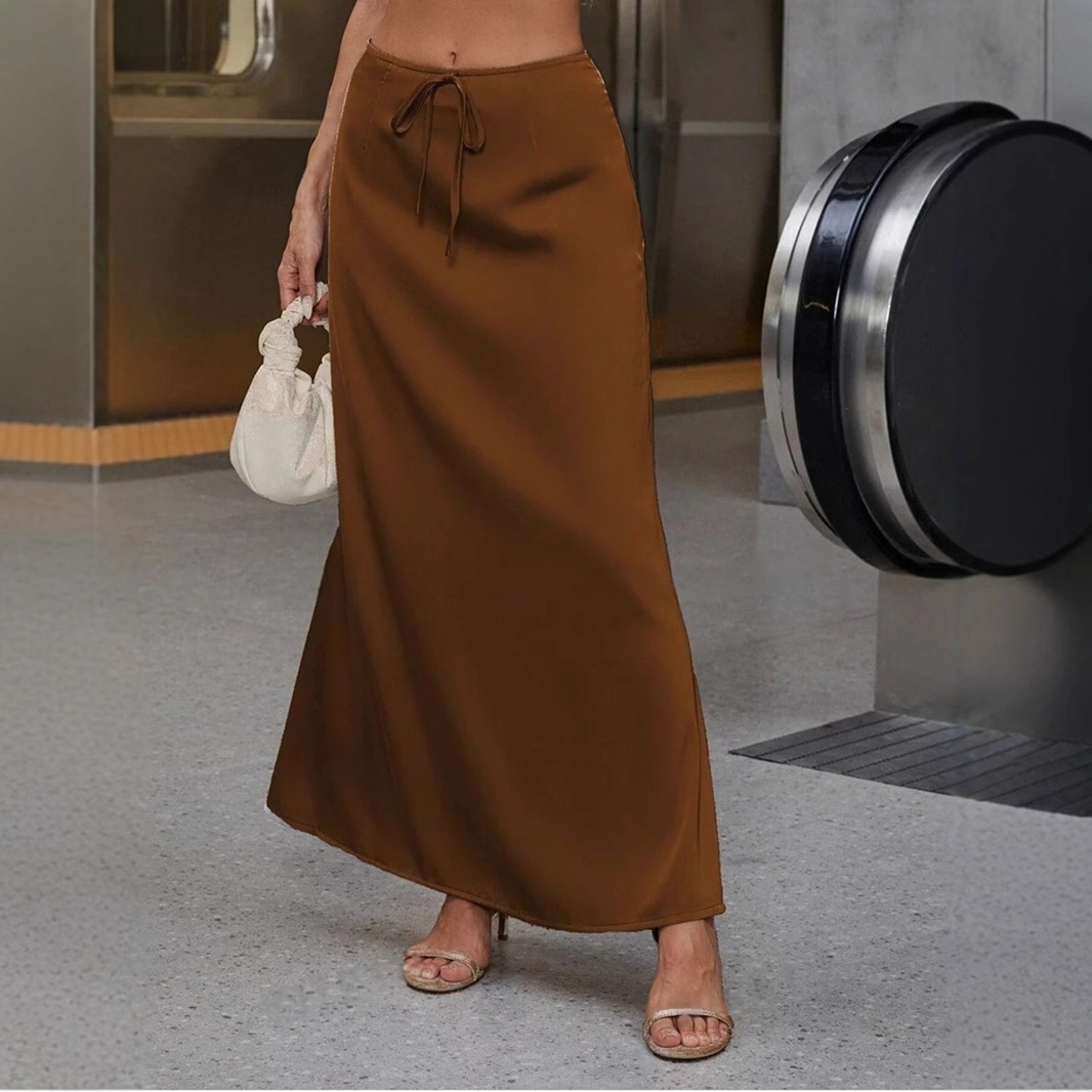 歐美跨境色丁緞面半身裙 外貿亞馬遜春夏新款優雅系帶長裙子