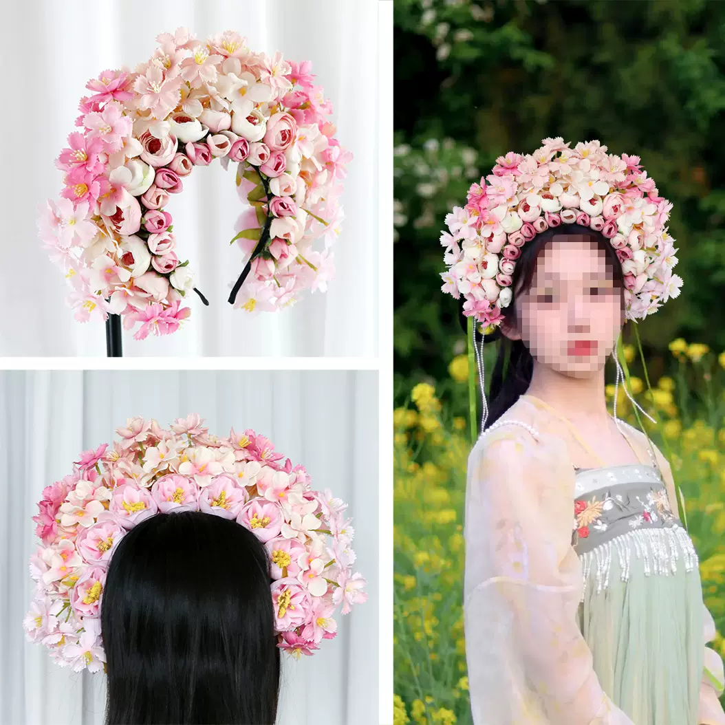 仿真花簪花头饰汉服拍照写真花围超仙立体双面绢花发箍成品森系