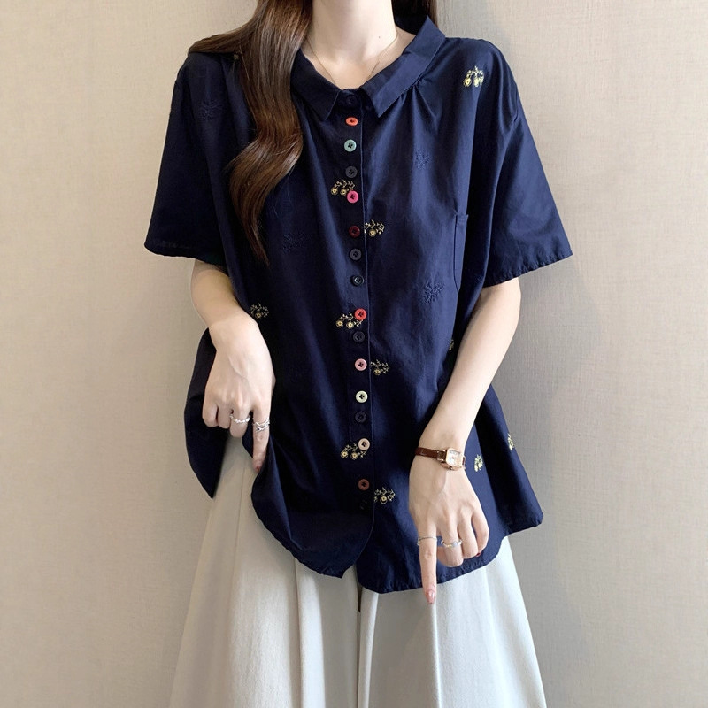 Navy Blue Floral Embroidered Short-Sleeved Shirt for Women, 2026 Spring and Summer New Style, Plus Size, Colorful Button-Up Top