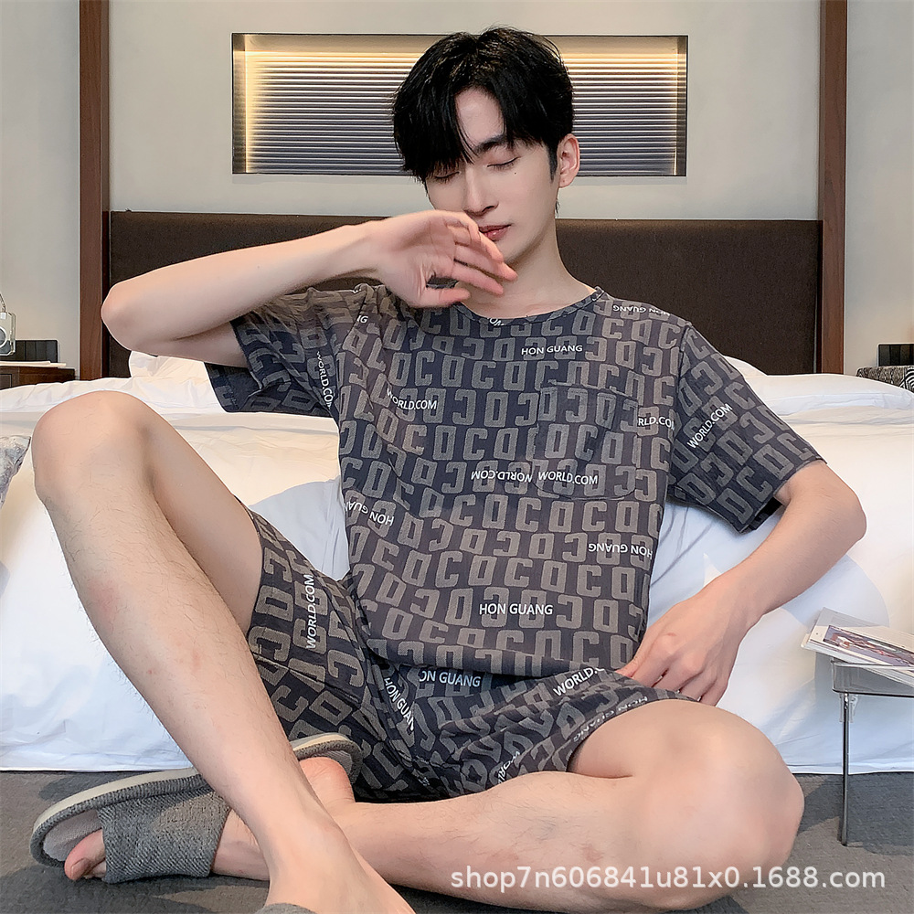 Pajamas Men's Cotton Silk Short-Sleeved Shorts Cotton Pajamas Summer New Style Comfortable and Breathable Pajamas Men Can Wear Outside Printed Home Clothes