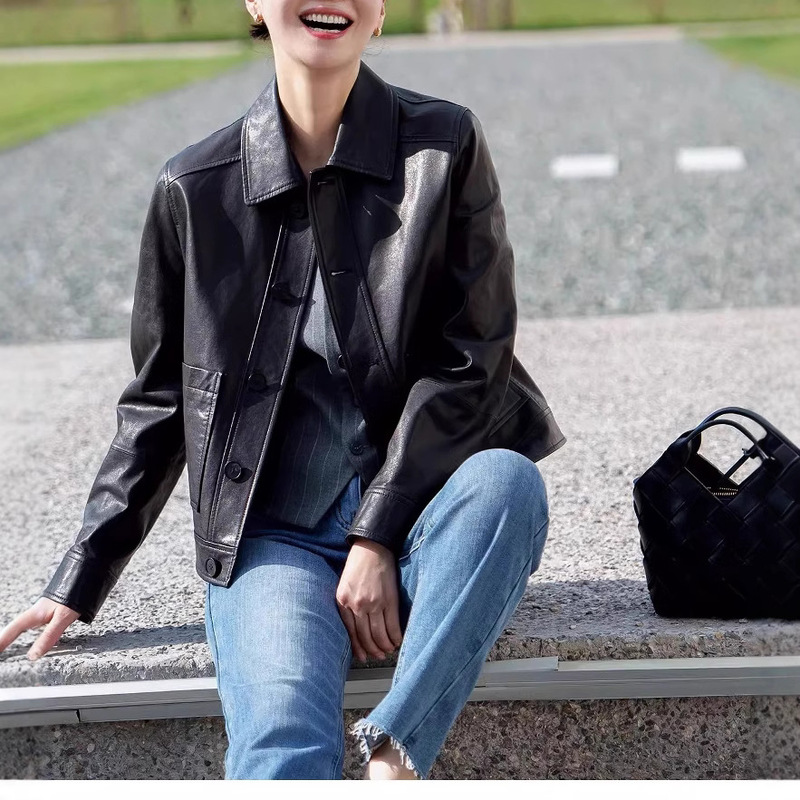 [Baroque] Vegetable Tanned Sheepskin Genuine Leather Women's Slimming Casual Sheepskin Vintage Leather Jacket Short Coat