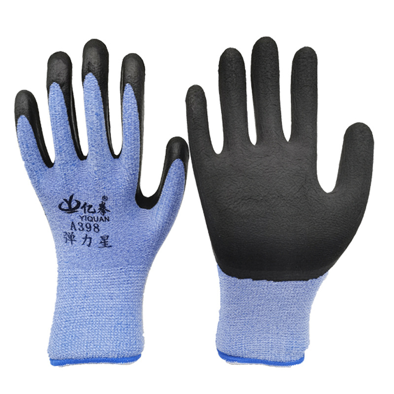 Guantes de protección laboral de espuma elástica, resistentes al desgaste, antideslizantes, cómodos, suaves y ligeros, guantes de goma colgantes de gasa azul de goma para trabajo