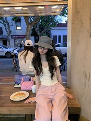 ドーパミン系セクシーVネックショート丈スリムフィット半袖Tシャツピンクゆったりワークウェアカジュアルパンツレディース夏ファッションセット