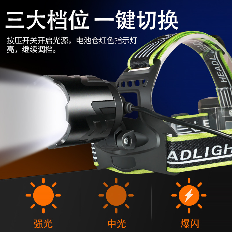 Transfronterizos al aire libre multifuncional aluminio camping pescado por la noche USB recargable faro LED luz de largo alcance faro