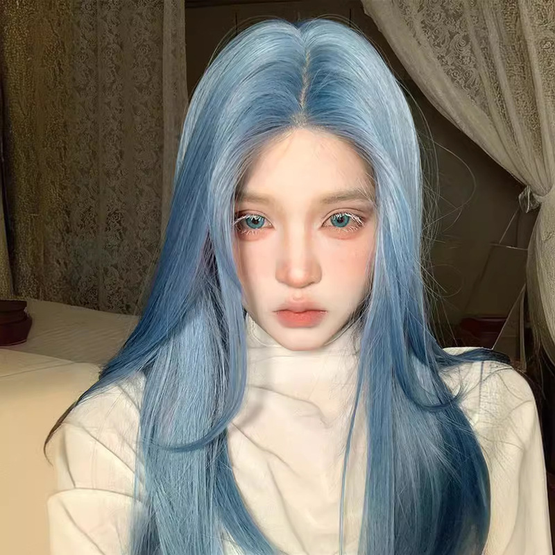 forehead lace mermaid blue mid-length hair wig net red high-level mid-length straight hair ao-bing cos whole wig