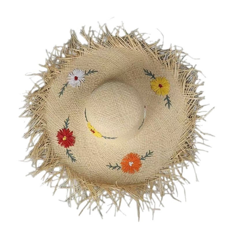 French Style Raffia Flower Straw Hat for Women - Summer Beach Wide Brim Sun Hat for UV Protection - Thumbnail 5