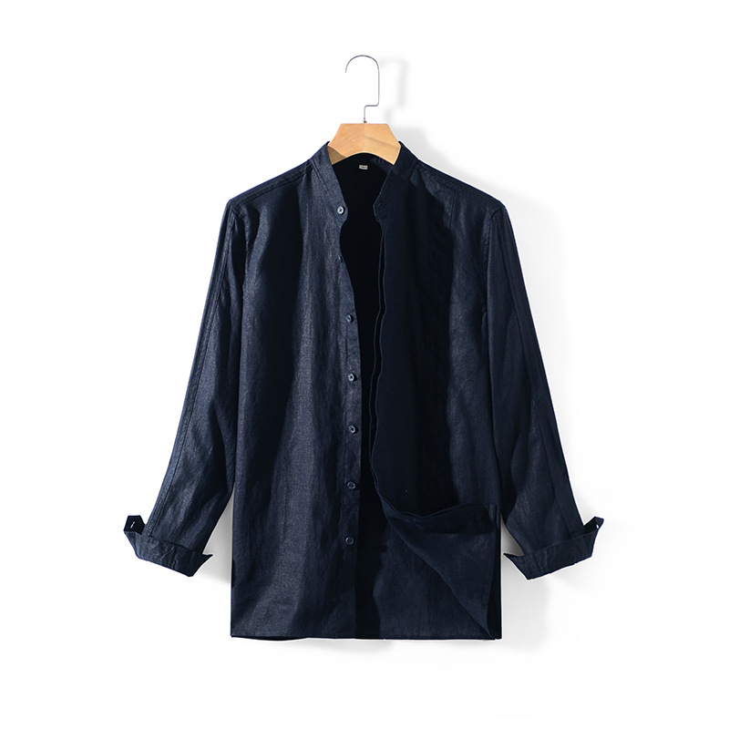 Primavera 2024 hombres de lino casual camisa suelta transpirable stand collar manga larga superior D028