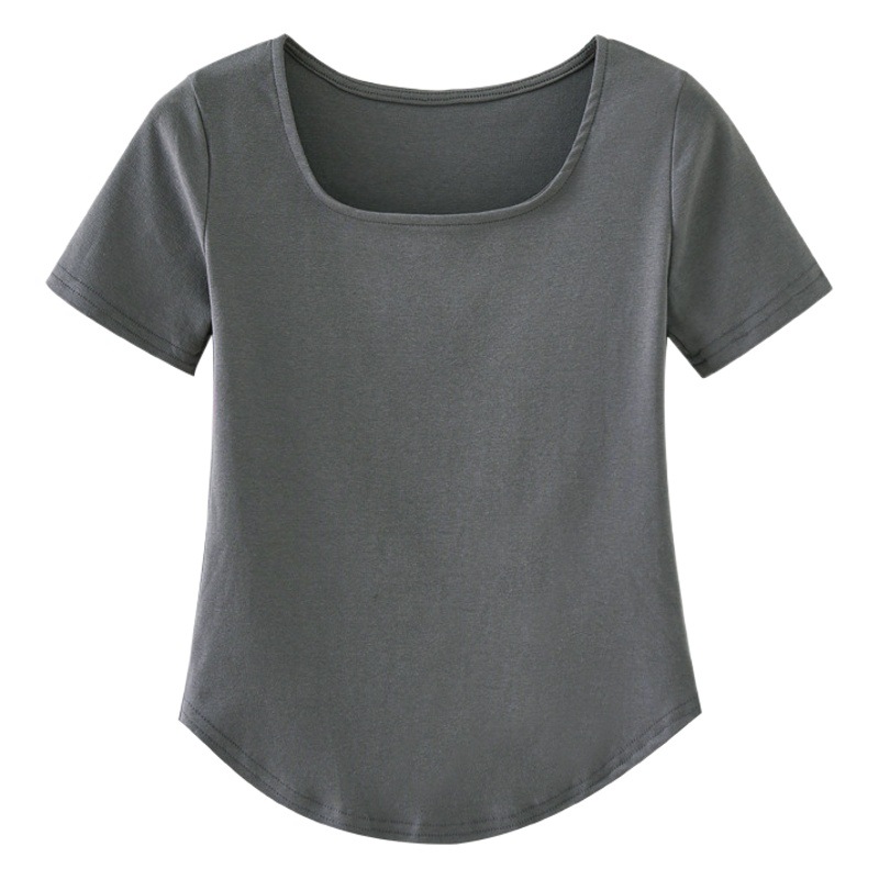 Selección 260g Camiseta de algodón puro de manga corta de verano para mujer 2024 Nueva curva irregular adelgazante Delgado cuello U inferior superior image 1