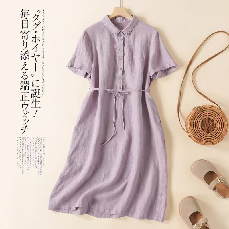 2025 New Summer Style Yarn-Dyed Hemp Short-Sleeved Double-Collar Dress Mid-Length Literary Casual Versatile