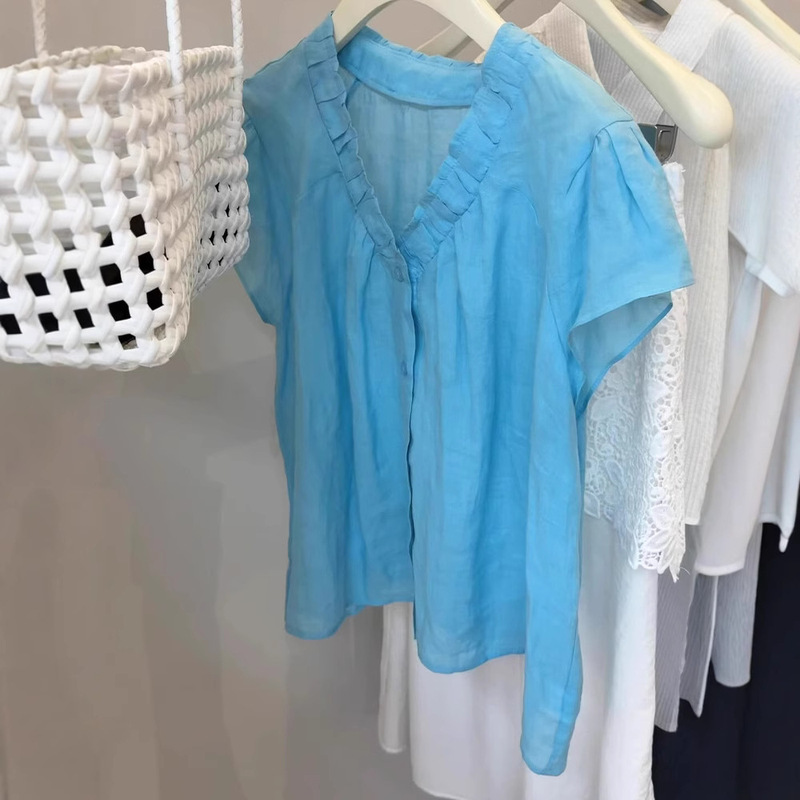 4845 # The Color Is Super Beautiful~Sky Blue Design V Neck Flying Sleeve Linen Shirt Women's Summer Top