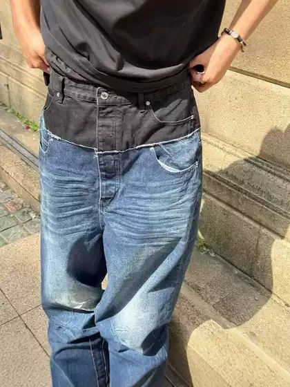 High version Paris B 24 new black double-spell jeans loose version fashion Joker men and women couples with the same